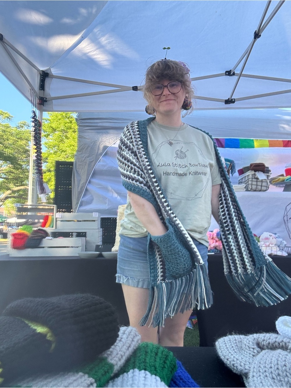 Handmade Teal & Gray Crochet Fringe Scarf Wrap